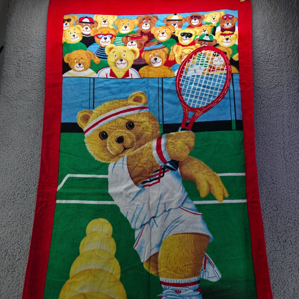 Vintage Tennis Teddy Bear Beach Towel Hilasal Lee MacLeod 100% Cotton NWT 29x58